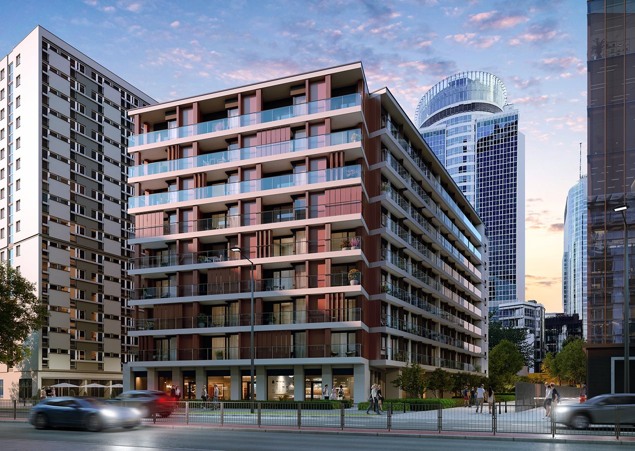 Apartamenty Grzybowska 11 - Widok od ul. Grzybowskiej o zachodzie słońca