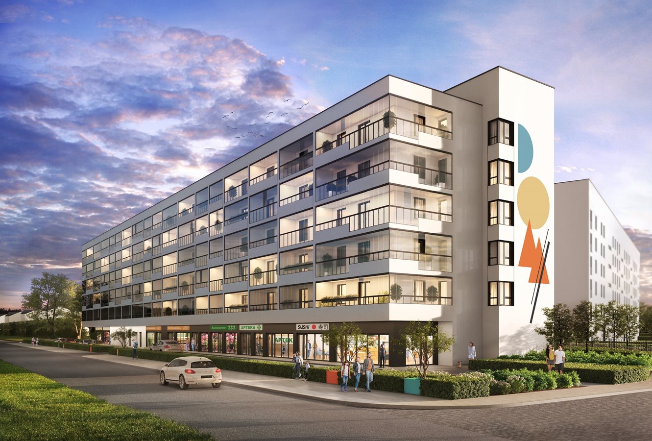 Osiedle przy Alejach - Widok na elewację budynku od strony Al. Jerozolimskich - wieczorna