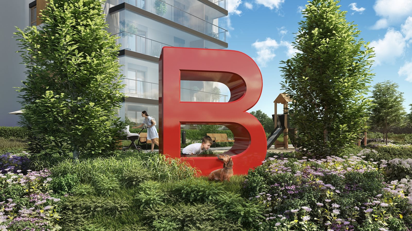 Apartamenty Literacka - Widok na rzeźbę od strony placu zabaw