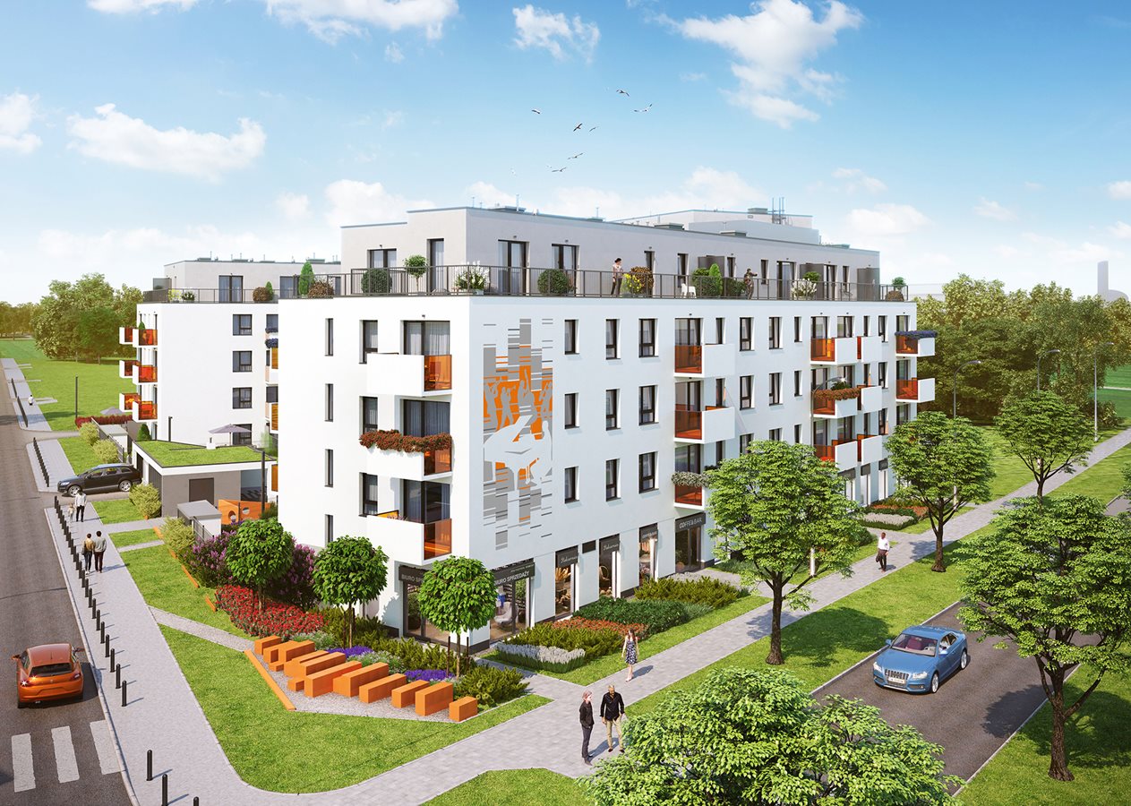 Osiedle Komedy - Etap 1, widok na elewację z muralem przedstawiającym Krzysztofa Komedę