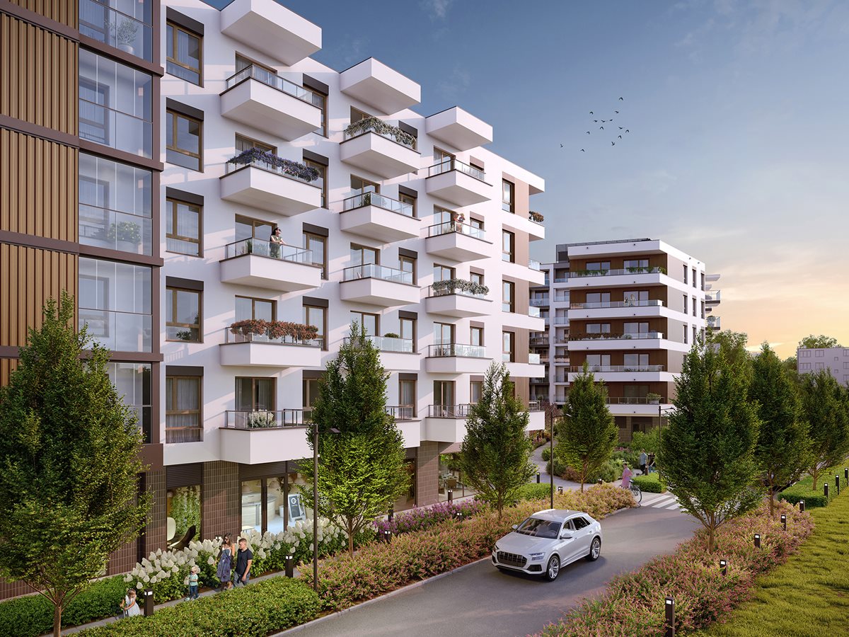 Apartamenty Literacka - Etap 2 - Widok na elewację budynku D i zielony pasaż z usługami