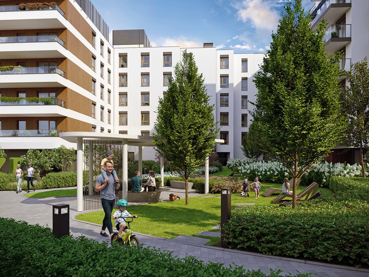 Apartamenty Literacka - Etap 2 - Widok na zielone patio od strony budynku D z leżakami i pergolą