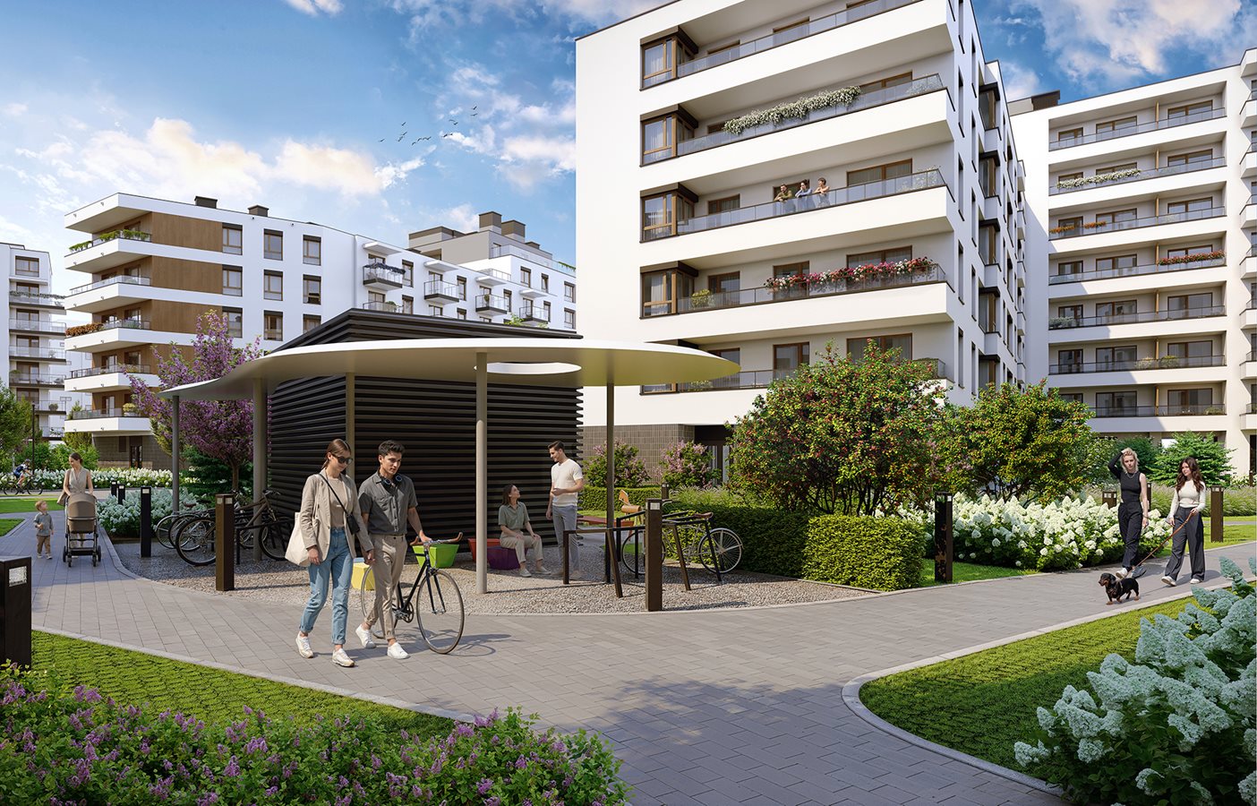 Apartamenty Literacka - Widok na wiatę rowerową na patio