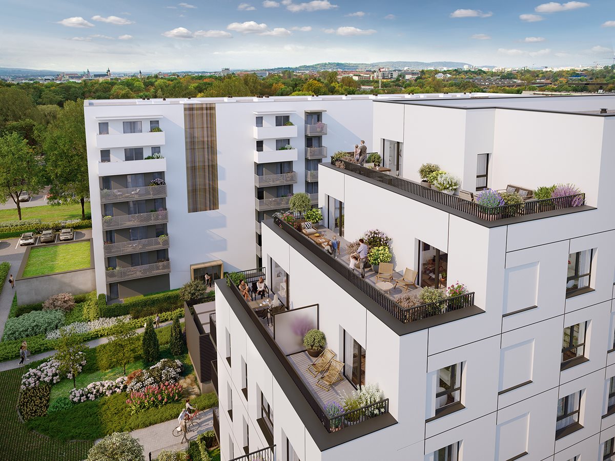 29 Aleja - Widok na tarasy z panoramą Krakowa - dzień