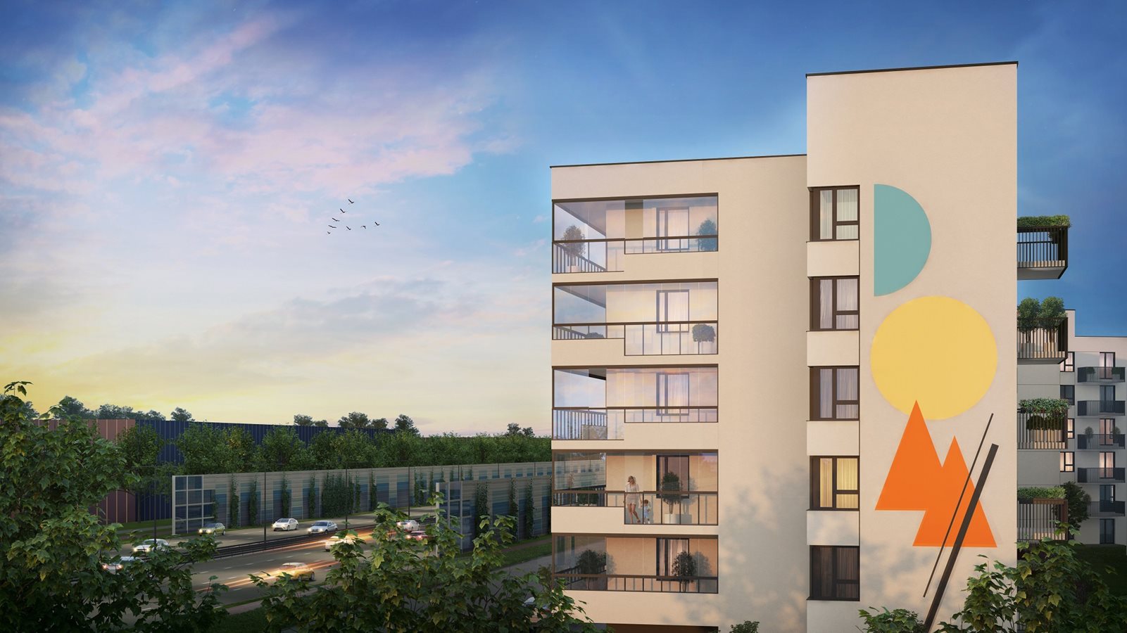 Osiedle przy Alejach - Widok na mural na elewacji - wieczorna