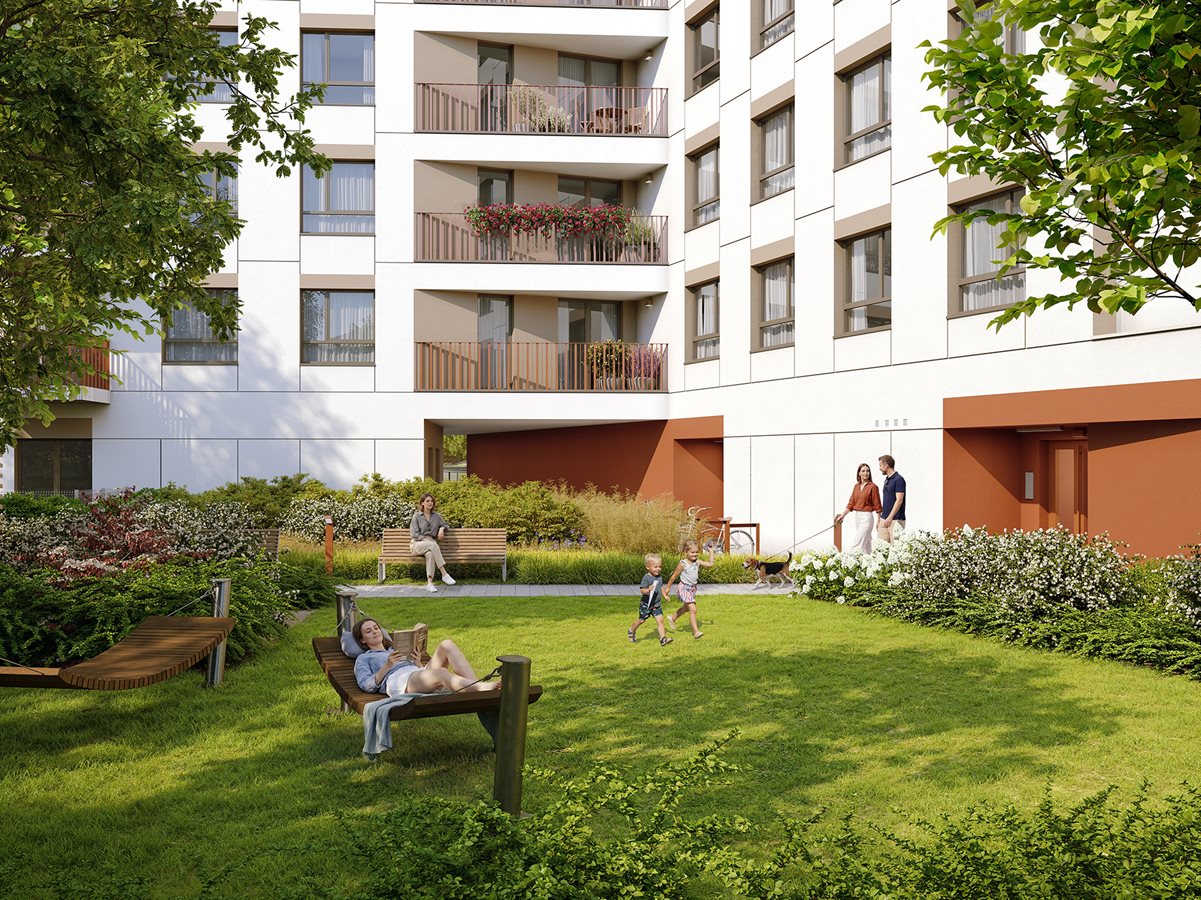 Przystanek Prądnik - Etap 1 - Widok na zielony dziedziniec z leżakami