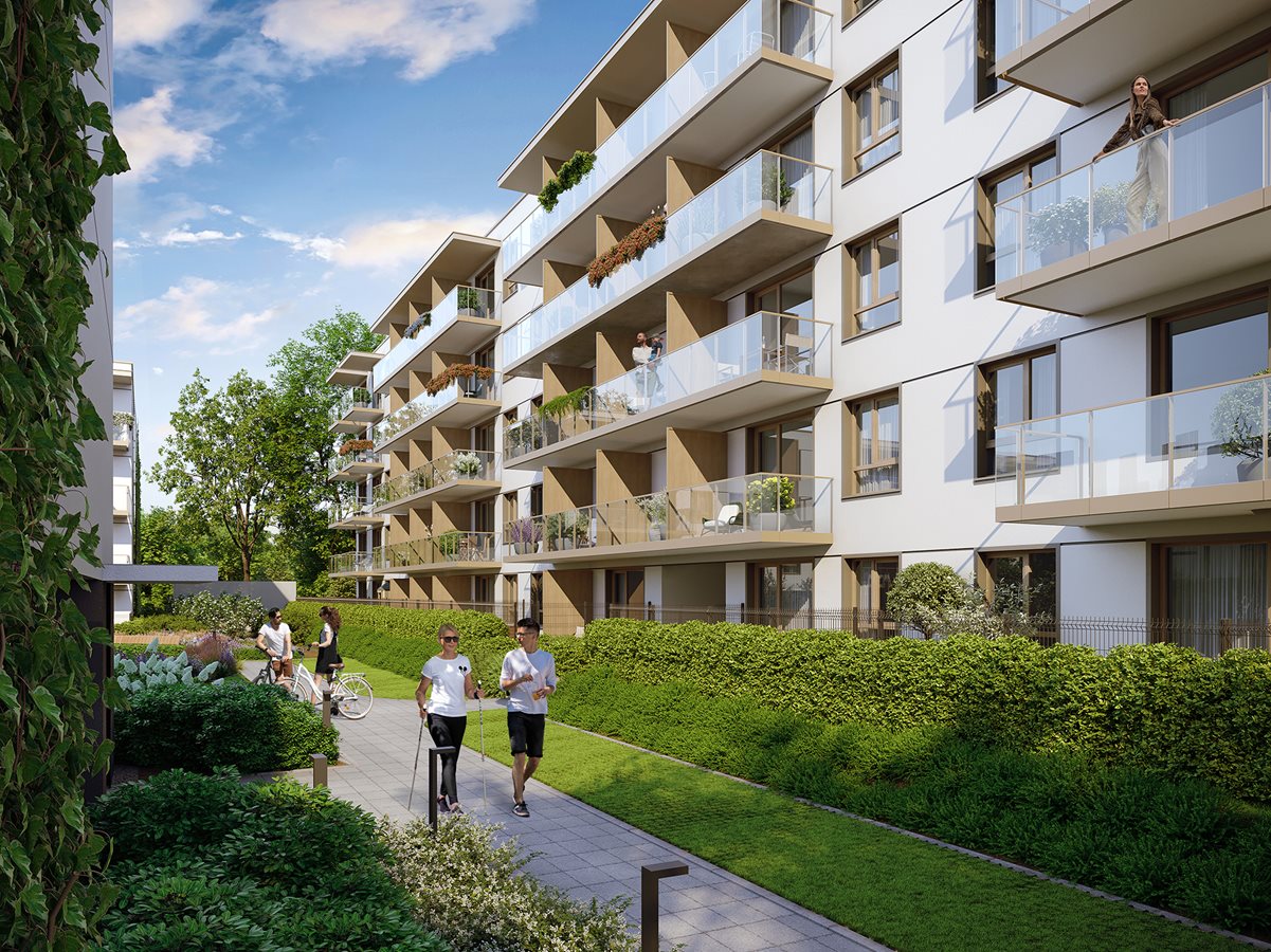 Osiedle Myśliborska - widok na budynek od strony patio