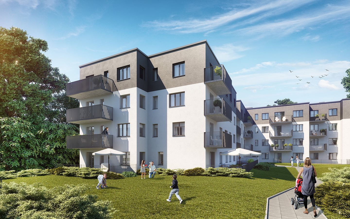 Osiedle Idylla - Etap 2, widok na elewację od strony patio