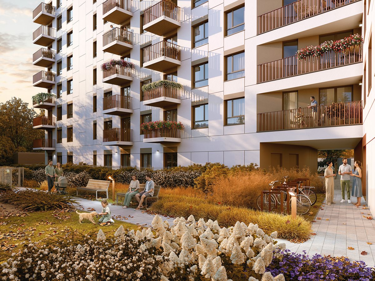 Przystanek Prądnik - Etap 1 - Widok na elewację budynku D od strony patio