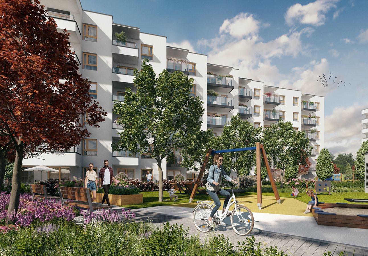 Osiedle Urbino - Etap 5.1 - Widok na zielone patio z placem zabaw