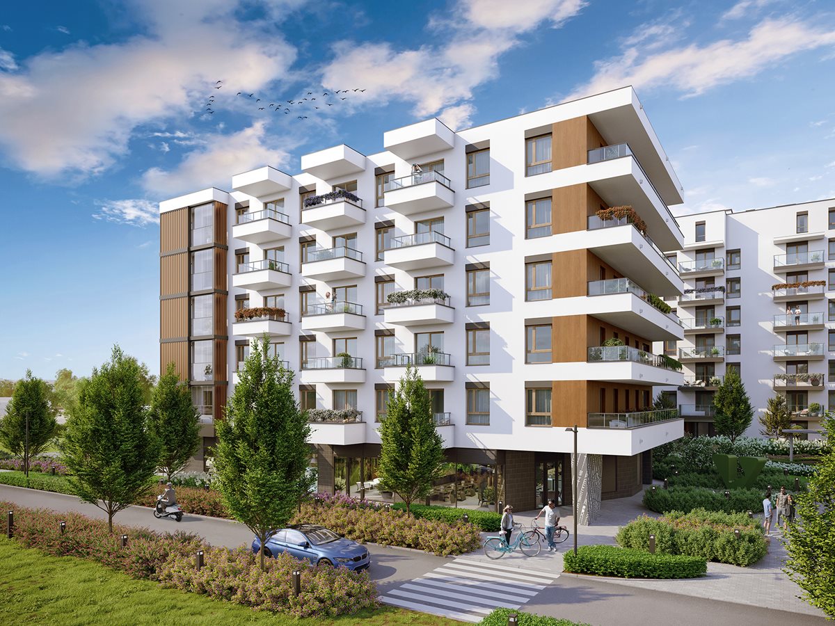 Apartamenty Literacka - Etap 2 - Widok na elewację budynku D od strony zielonego pasażu