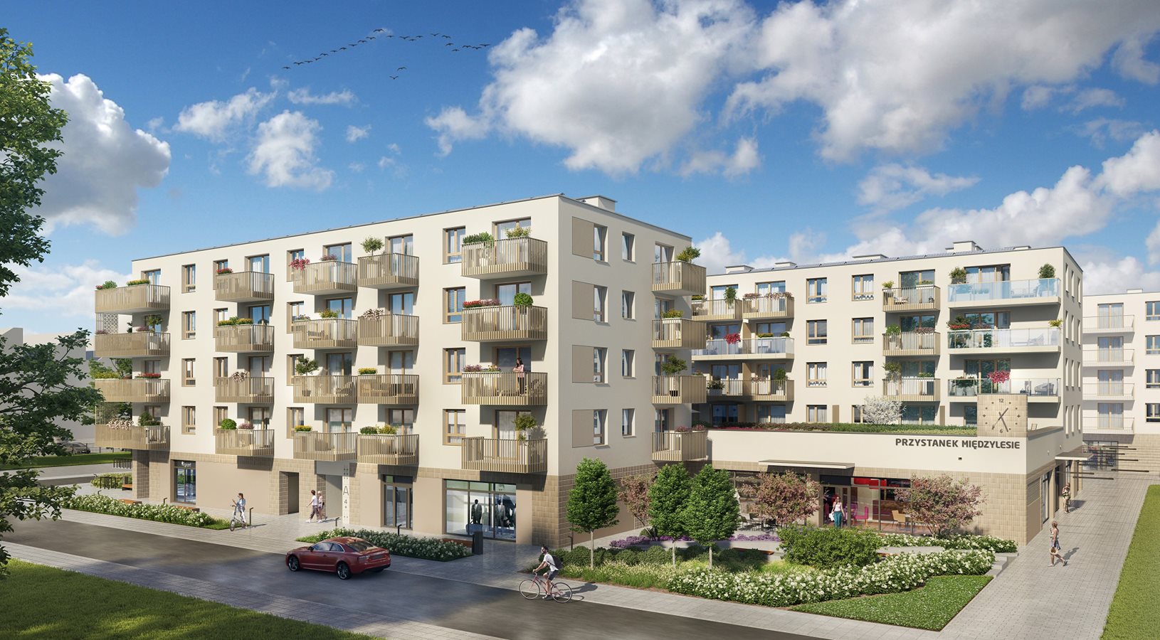 Osiedle Przystanek Międzylesie - Widok na budynki od strony placu z zegarem