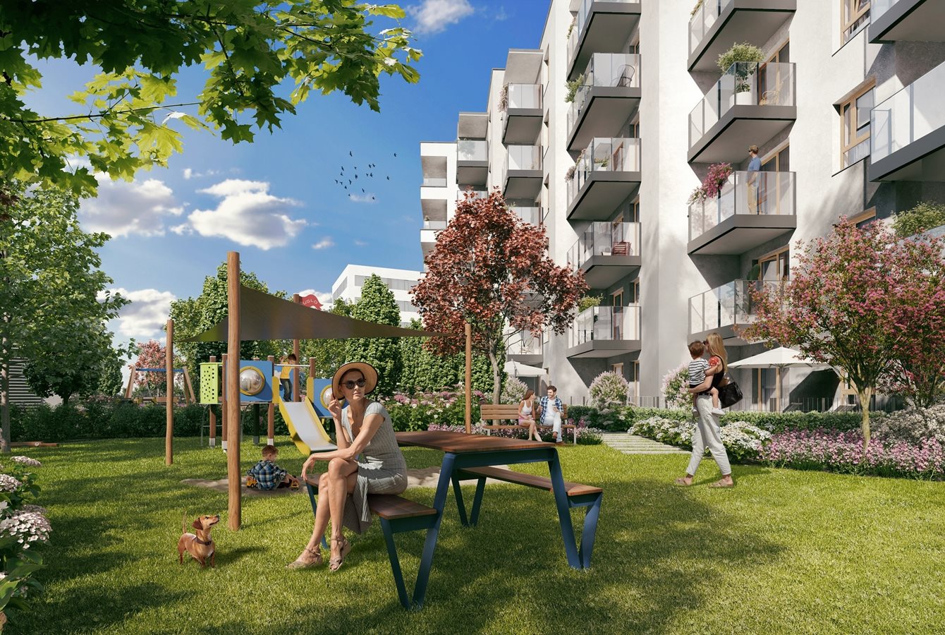 Osiedle Urbino - Etap 5.1 - Widok na plac zabaw ze strefą rekreacji