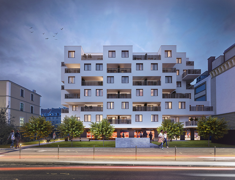 Osiedle Grabiszyńska 141 - Widok na elewację od ul. Grabiszyńskiej - wieczorna