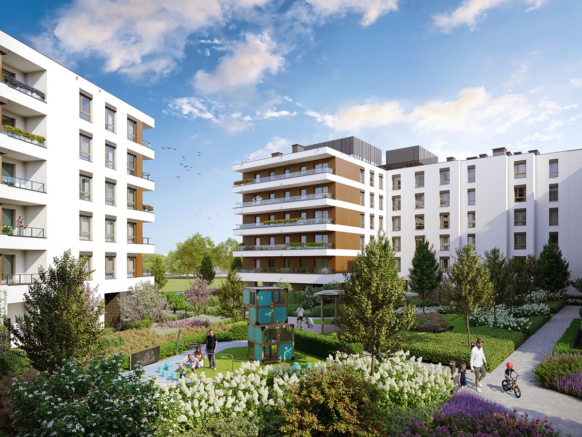 Apartamenty Literacka - Etap 2 - Widok na zielone patio z placem zabaw i pergolą