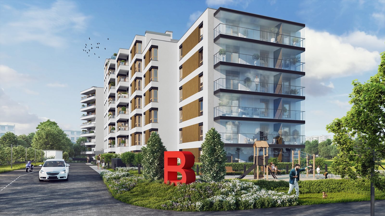 Apartamenty Literacka - Widok na budynek B od strony placu zabaw - dzienna