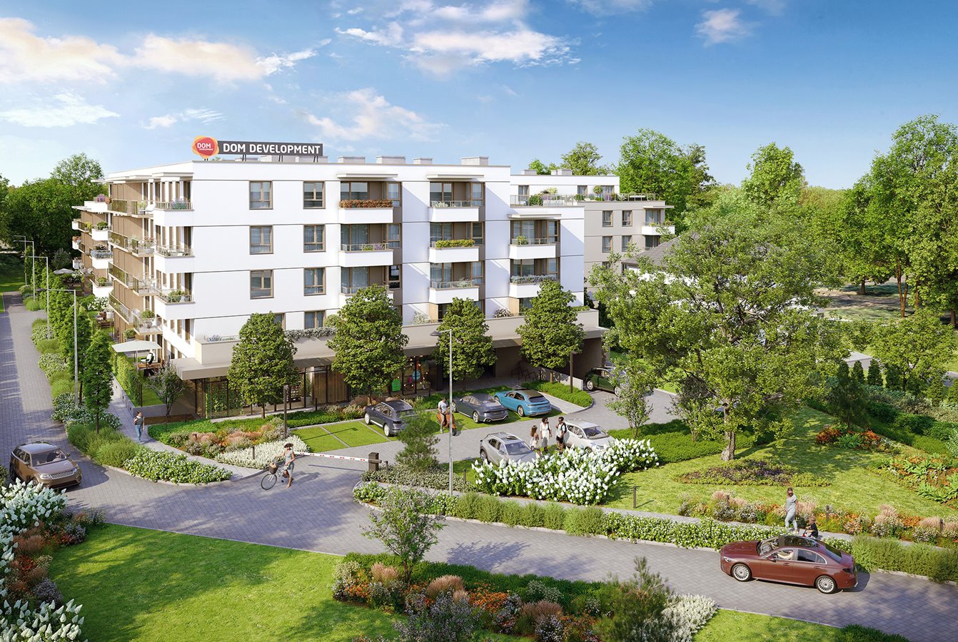 Osiedle Myśliborska - widok na budynki i zieleń przed osiedlem