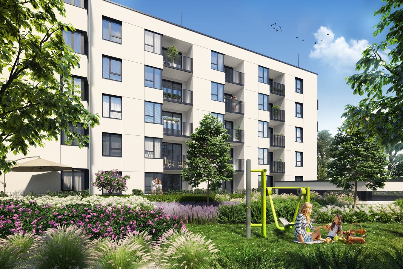 Osiedle przy Alejach - Etap 2 - Widok na zielone patio i siłownię plenerową