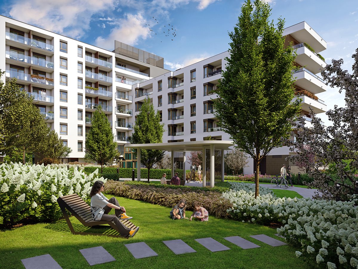 Apartamenty Literacka - Etap 2 - Widok na zielone patio z leżakami i pergolą