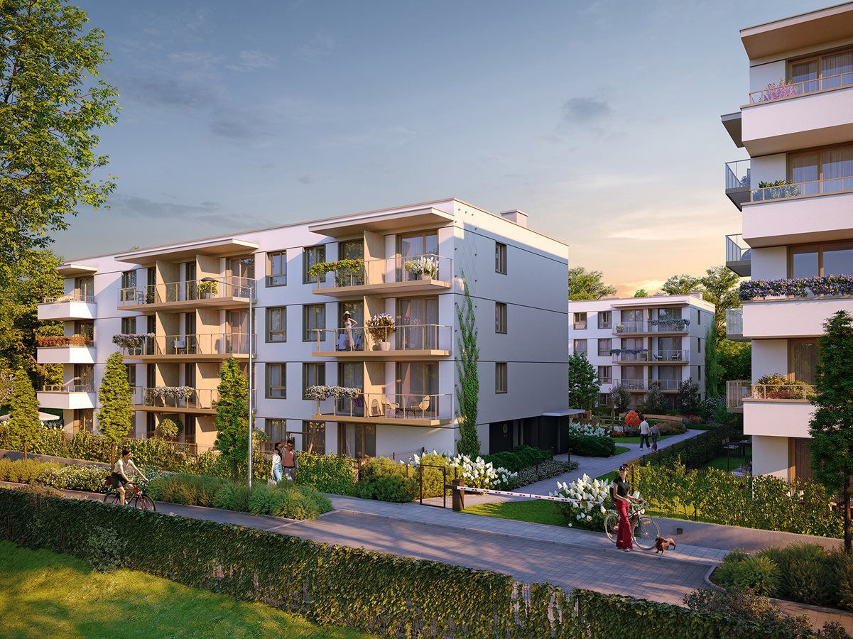 Osiedle Myśliborska - widok na budynki o zachodzie słońca