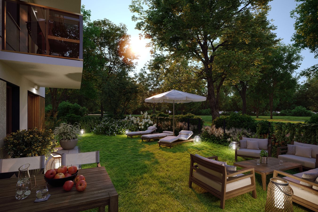 Apartamenty Kamieńskiego - Widok na taras z ogrodem 