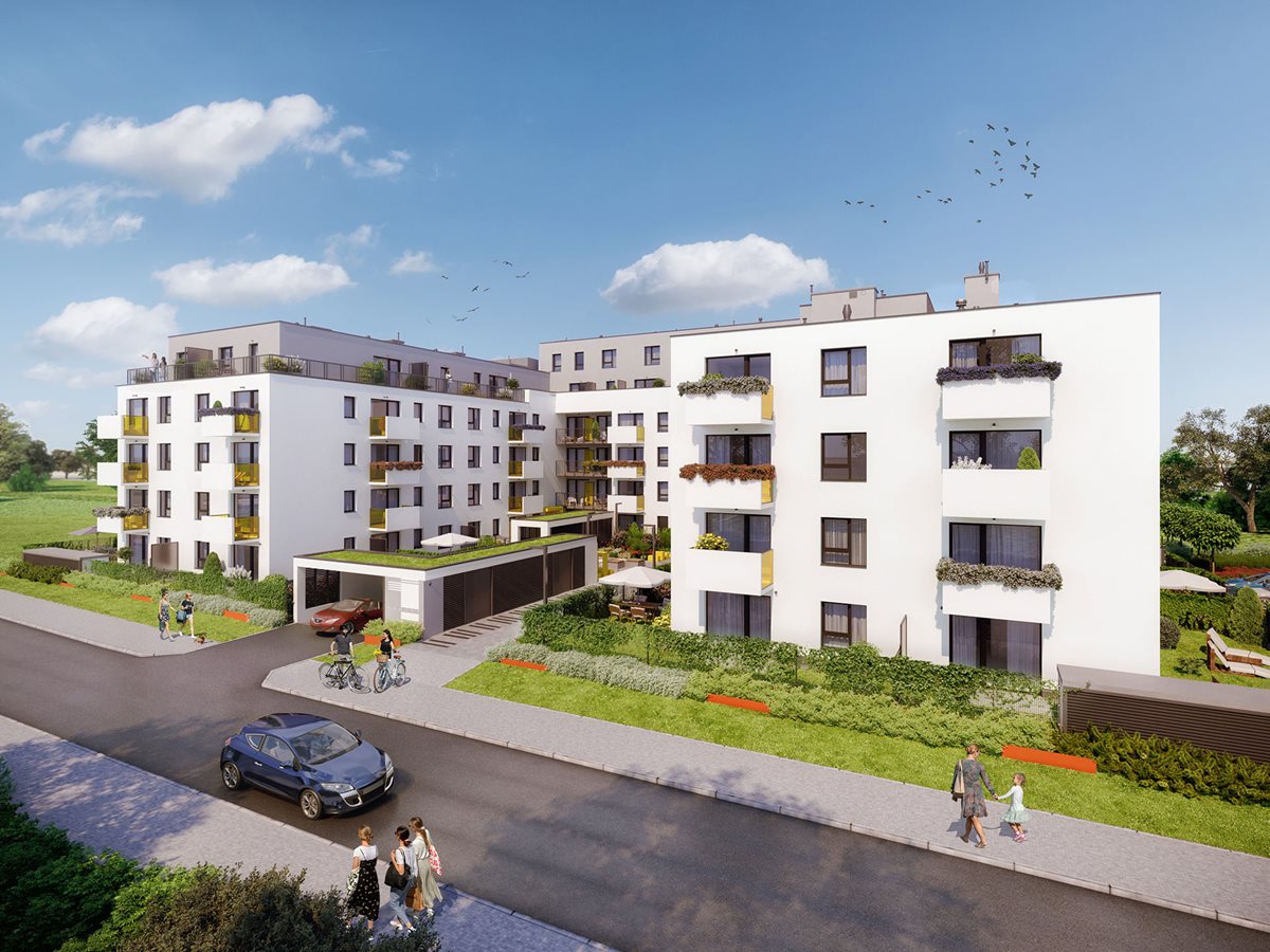 Osiedle Komedy - Etap 2, widok na elewację od strony patio