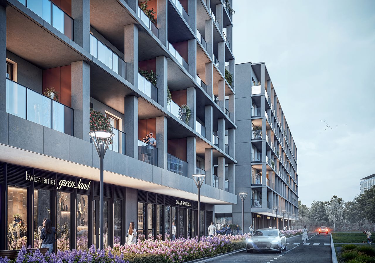 Apartamenty Rudnickiego - Widok na elewację budynków - wieczorna