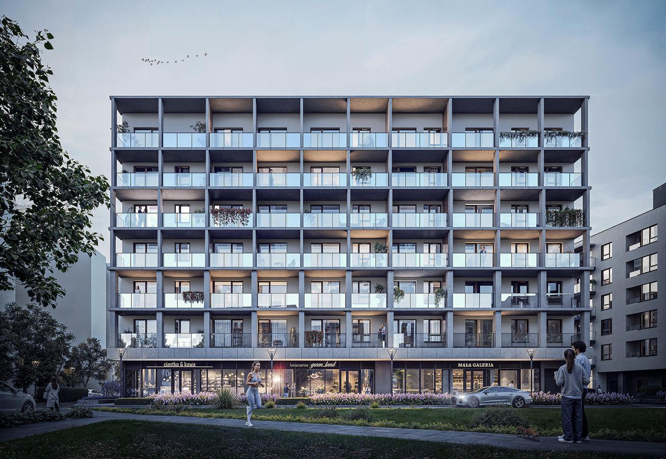 Apartamenty Rudnickiego - Widok na elewację budynku D - wieczorna