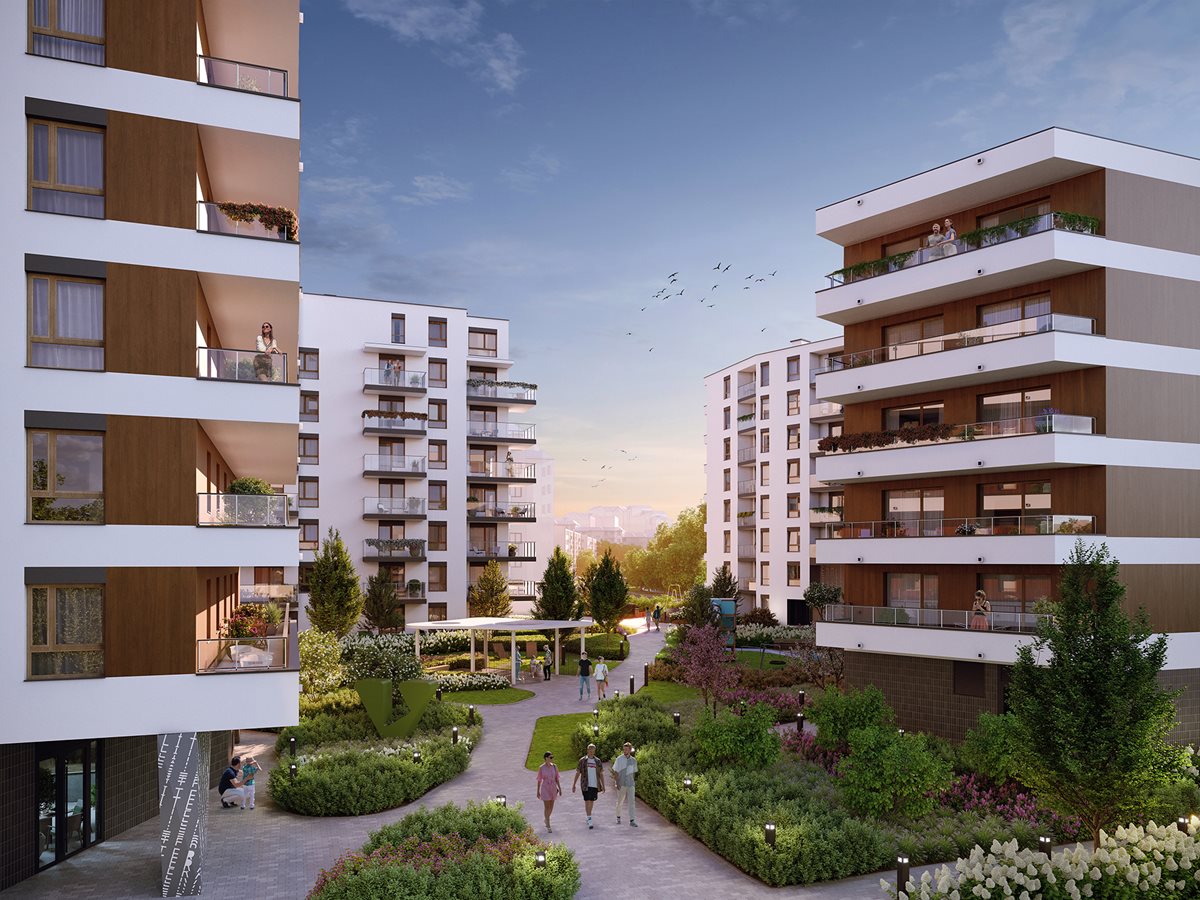 Apartamenty Literacka - Etap 2 - Widok na zielone patio między budynkami C i D