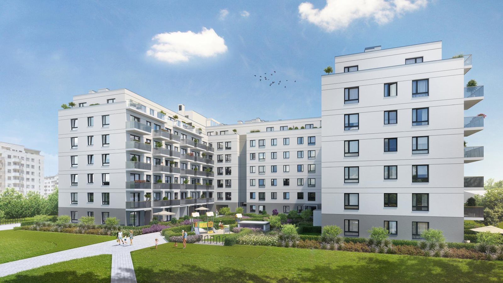 Osiedle Przy Ryżowej - Widok na budynek od strony patio