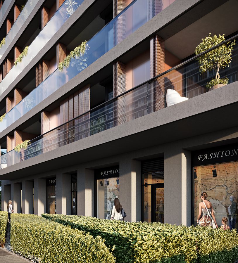 Apartamenty Grzybowska 11 - Widok na lokale usługowe i detal na elewacji