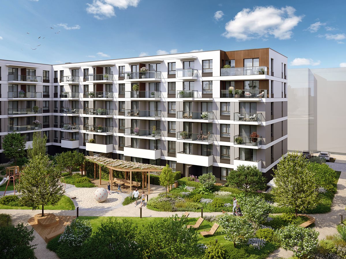Apartamenty Beethovena - Widok na zielone patio i budynek B
