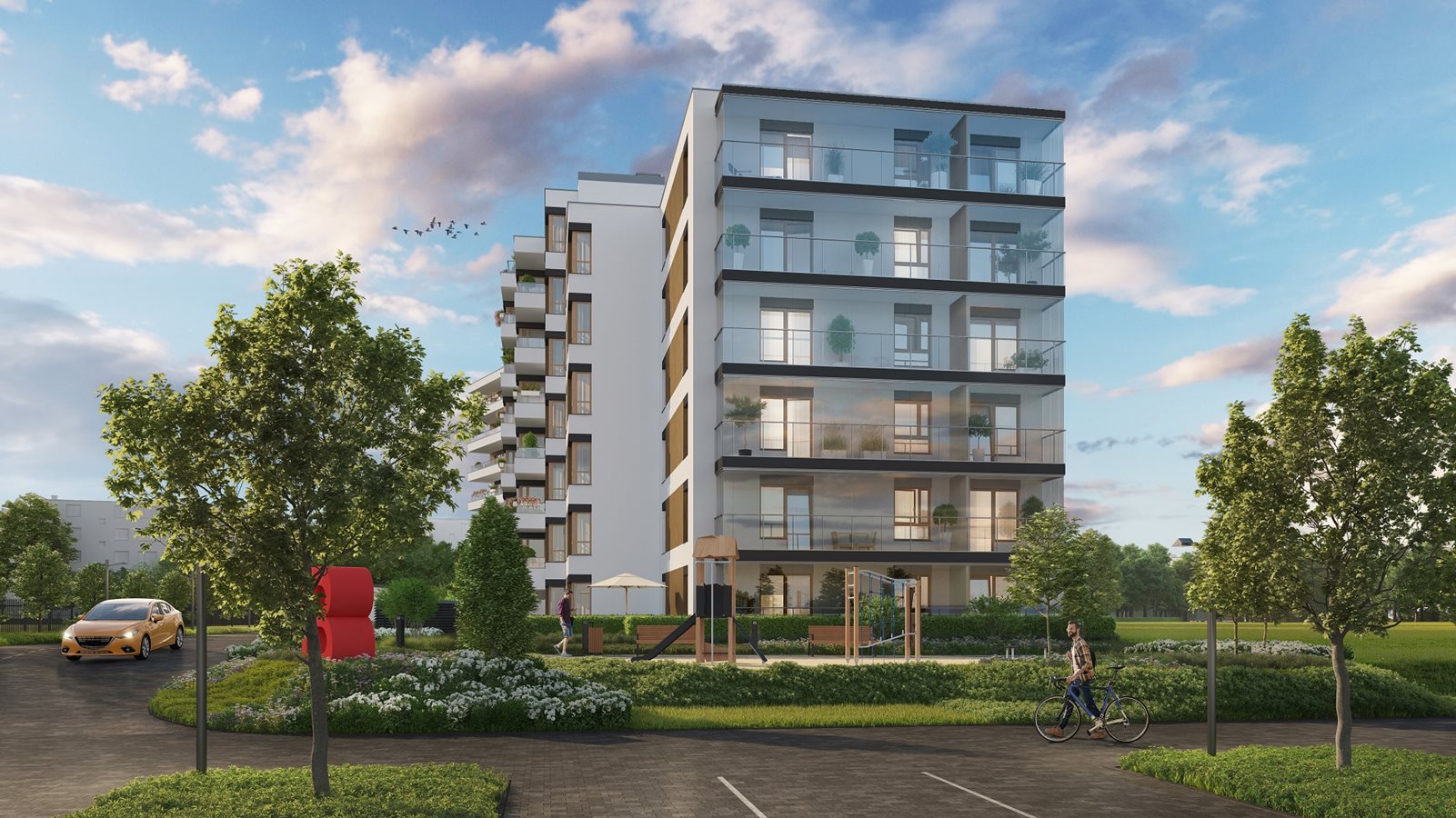 Apartamenty Literacka - Widok na budynek B od strony placu zabaw - wieczór