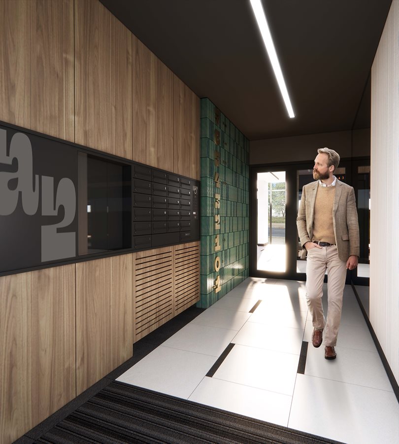 Apartamenty Literacka - Widok na wejście do klatki schodowej