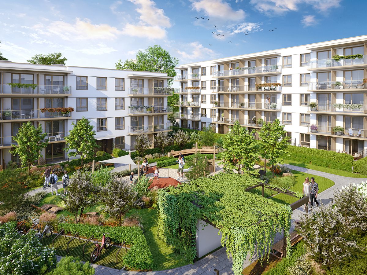 Osiedle Myśliborska - widok na patio i plac zabaw